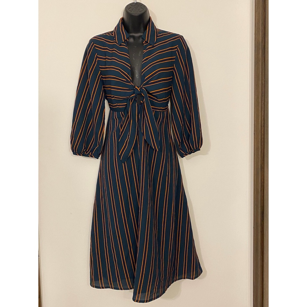 Gilli Striped Tie-Front Midi Dress Green Orange Navy 3/4 Sleeve Size M GD699